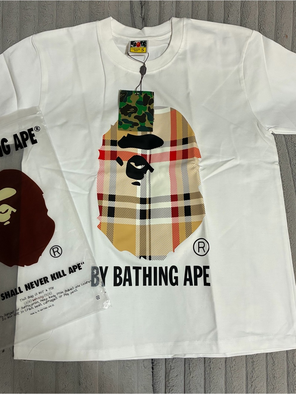 A Bathing Ape White Graphic Logo T-Shirt - Plaid Ape Print